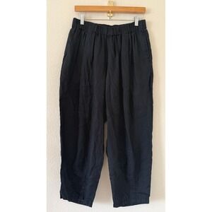 Muji Womens 100% Linen Elastic Waist Tapered Pleated Pants Black EU10/ US 6 Boho